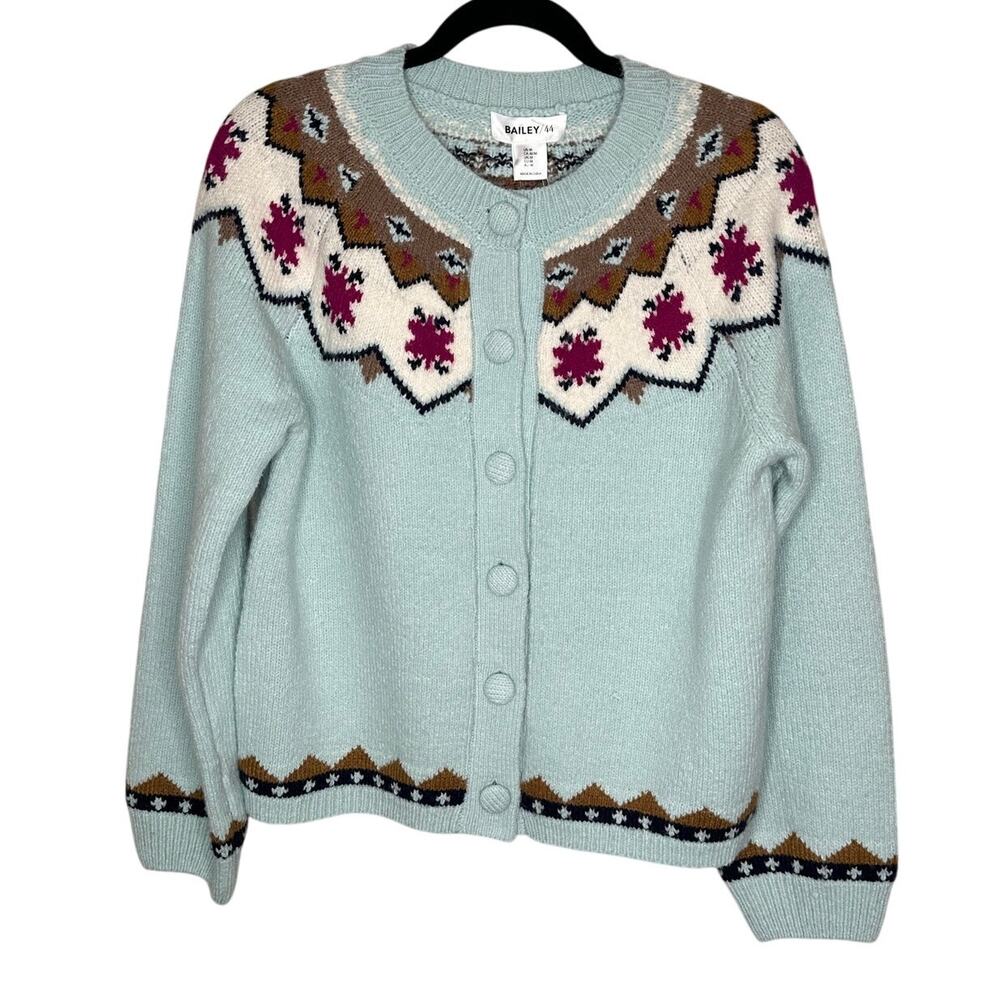 Bailey 44 M Blue Seafoam Fair Isle Nordic Knit Cardigan Sweater NWT Winter Boho
